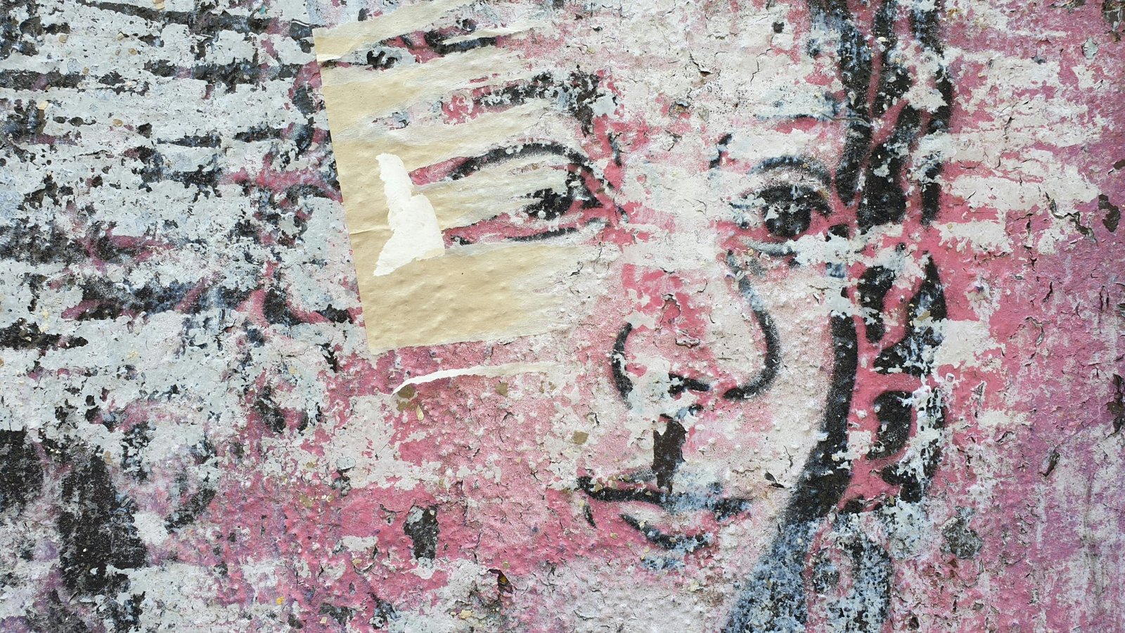 An abstract image of a person's face in colors of pink, white, beige, and black.